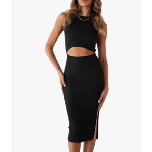 Solid Black Fitted Sleeveless Front Cut Dress NEW